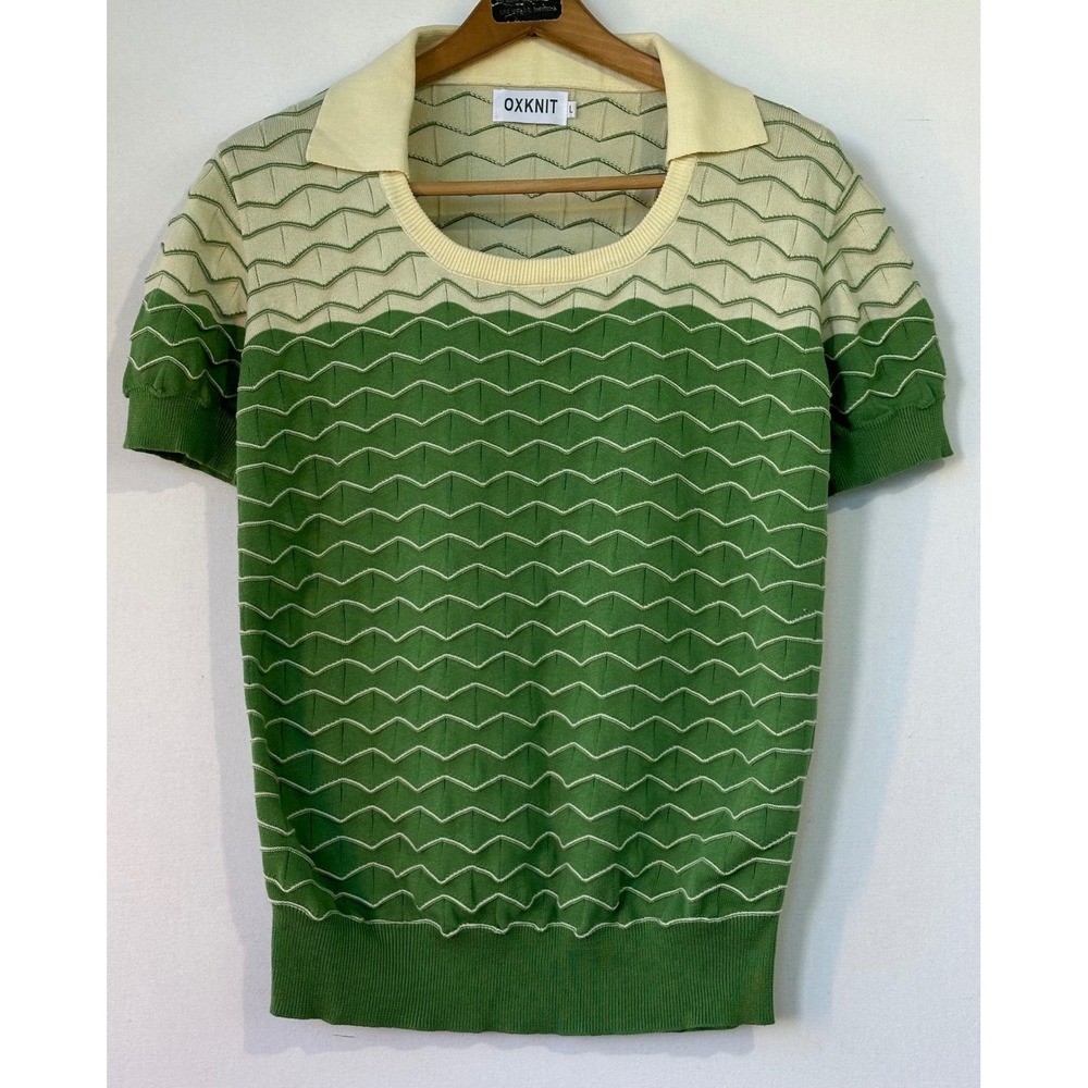 OXKNIT Retro Top Textured Chevron Knit Womens L Green Cream Excellent